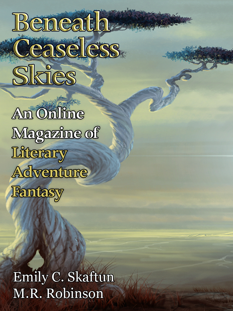 An image of the cover of Beneath Ceaseless Skies, issue 411, featuring stories by Emily C. Skaftun and M. R. Robinson. The art on the cover is a gnarled white tree against a hazy sky.