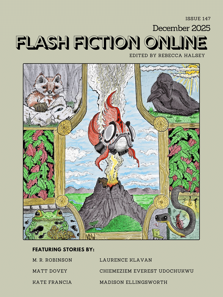 The cover art of Issue 147 of Flash Fiction Online, showing different illustrated animals including a fish, a frog, a snake, and a pair of crows.
