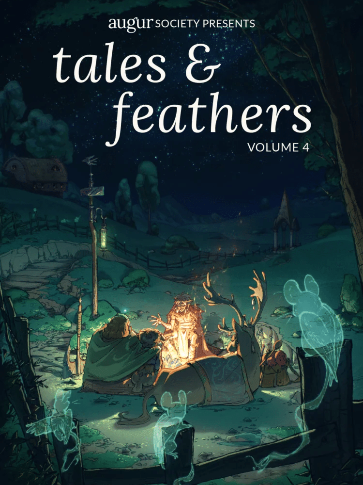 The cover art for Tales & Feathers volume four, showing figures gathered around a campfire.